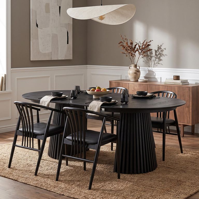 Osaka Oak Extending Dining Set - 120cm-200cm - Round - Slatted Base - Black - 4 Agustin Spindle Back Chairs
