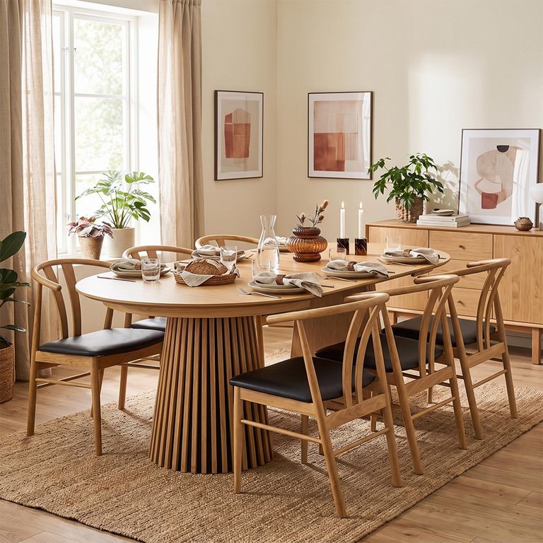 Osaka Oak Extending Dining Set - 120cm-200cm - Round - Slatted Base - Natural - 6 Artenara Spindle Back Chairs