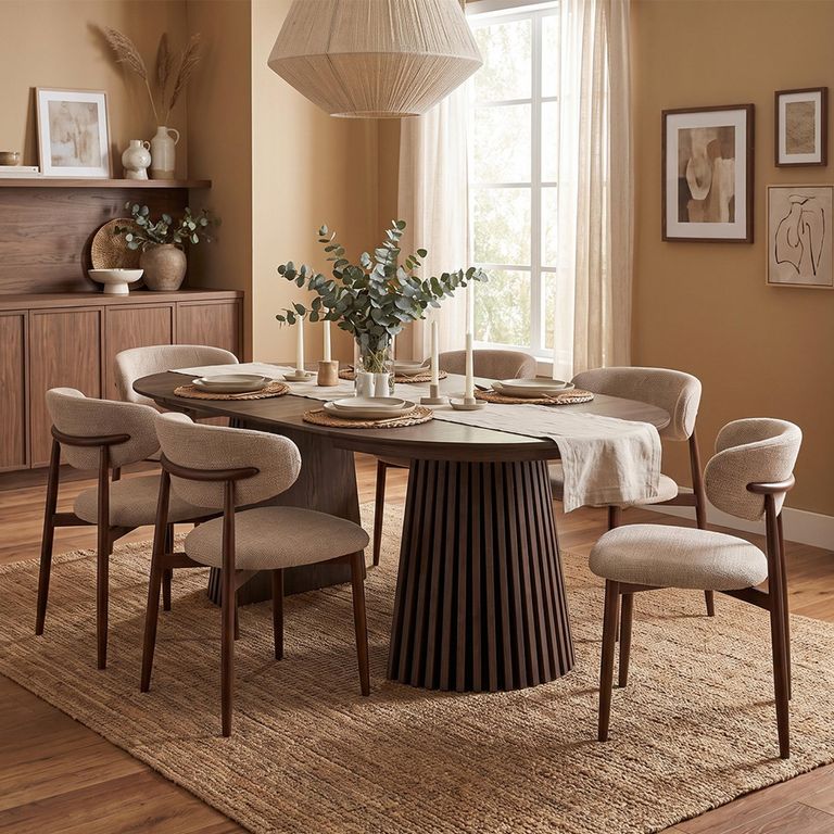 Osaka Oak Extending Dining Set - 120cm-200cm - Round - Slatted Base - Smoked - 6 Isola Sand and Dark Brown Chairs