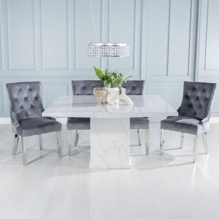 Turin White Marble 8 Seater 140cm Square Dining Set with Knocker Back Grey Chairs & Chrome Legs