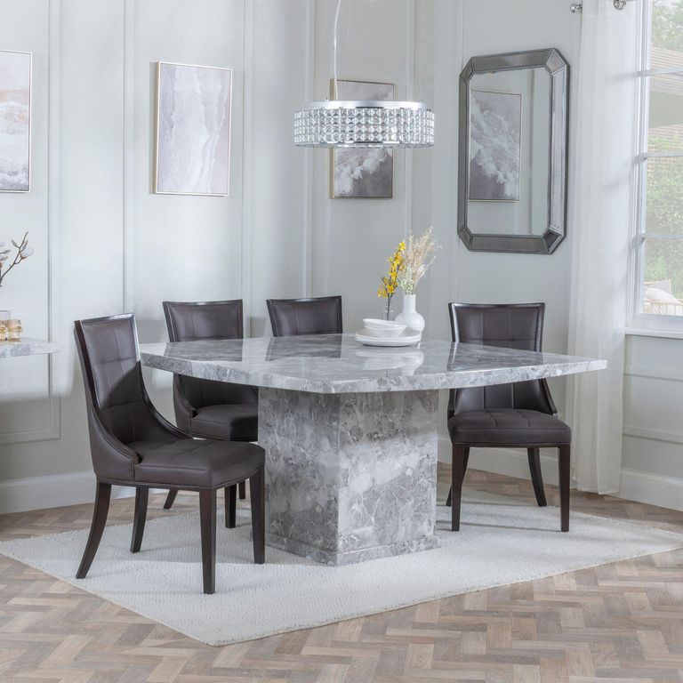 Turin Dining Set - 8 Seater - 140cm - Square - Grey Marble - Paris Dining Chairs - Brown Leather - Brown Legs