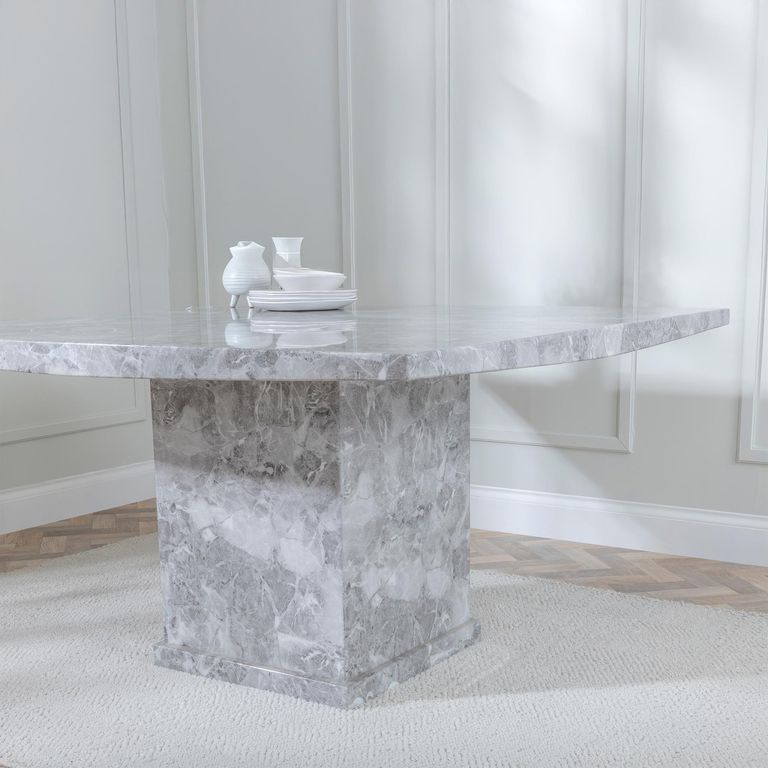 Turin Dining Set - 8 Seater - 140cm - Square - Grey Marble - Paris Dining Chairs - Grey Leather - Black Legs