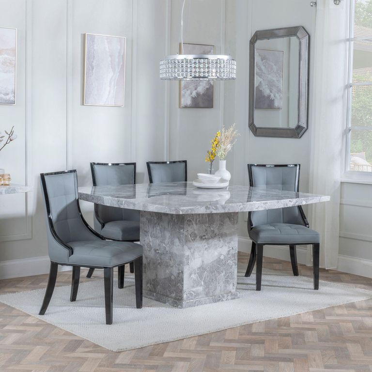 Turin Dining Set - 8 Seater - 140cm - Square - Grey Marble - Paris Dining Chairs - Grey Leather - Black Legs