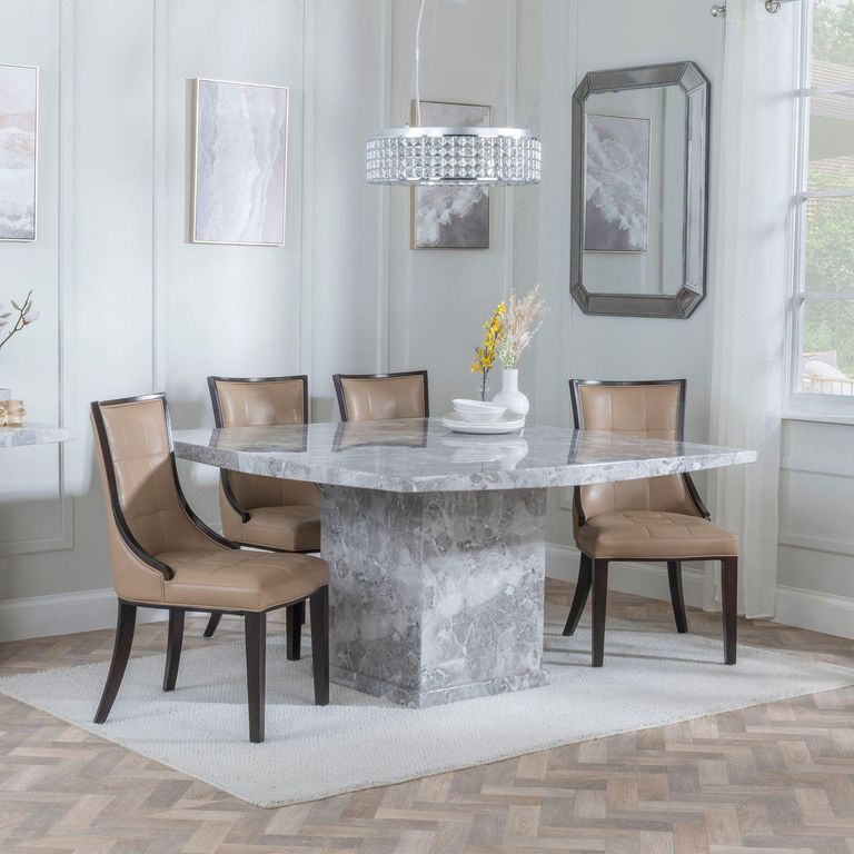 Turin Dining Set - 8 Seater - 140cm - Square - Grey Marble - Paris Dining Chairs - Taupe Leather - Brown Legs