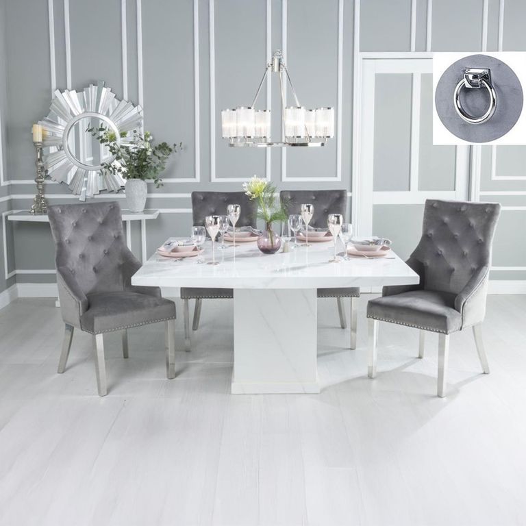 Turin Dining Set - 8 Seater - 140cm - Square - White Marble - Knocker Back Dining Chairs - Grey Fabric - Chrome Legs