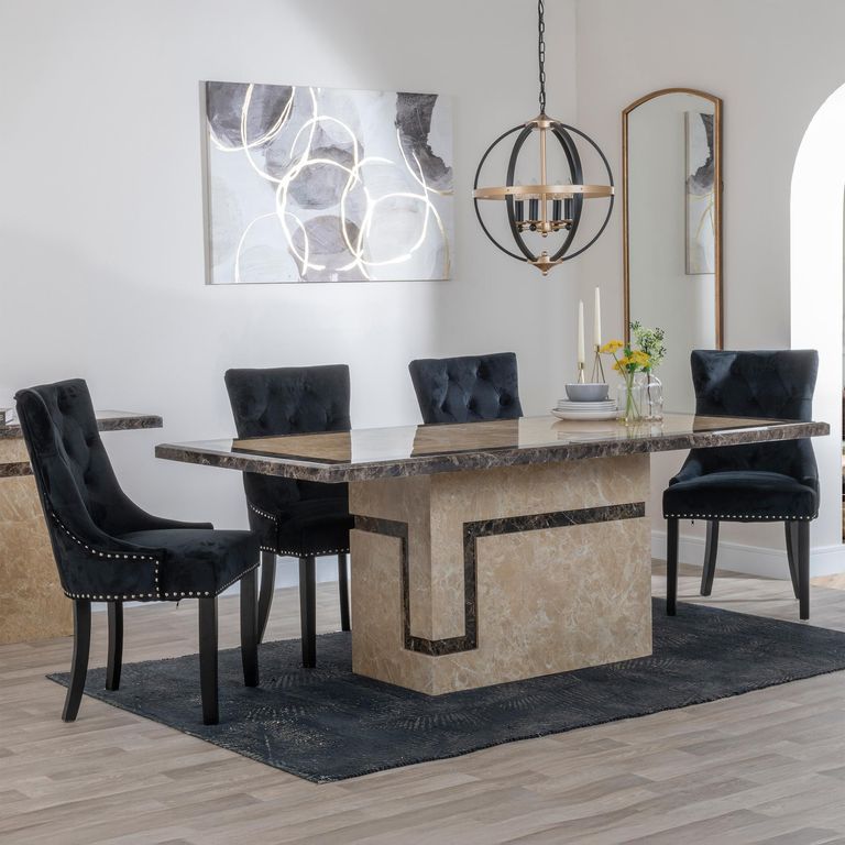 Venice Dining Set - 6 Seater - 160cm - Cream Marble - Knocker Back Dining Chairs - Black Velvet Fabric - Black Wooden Legs