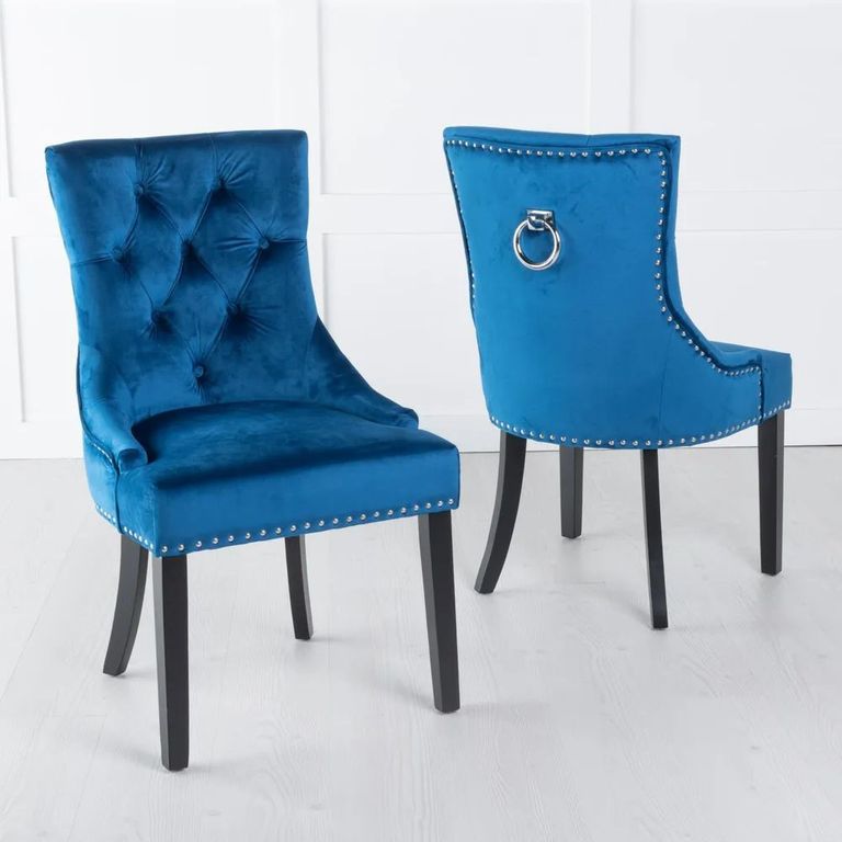 Venice Dining Set - 6 Seater - 160cm - Cream Marble - Knocker Back Dining Chairs - Blue Velvet Fabric - Black Wooden Legs