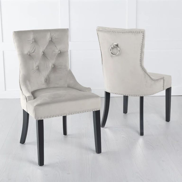 Venice Dining Set - 6 Seater - 160cm - Cream Marble - Knocker Back Dining Chairs - Champagne Velvet Fabric - Black Wooden Legs