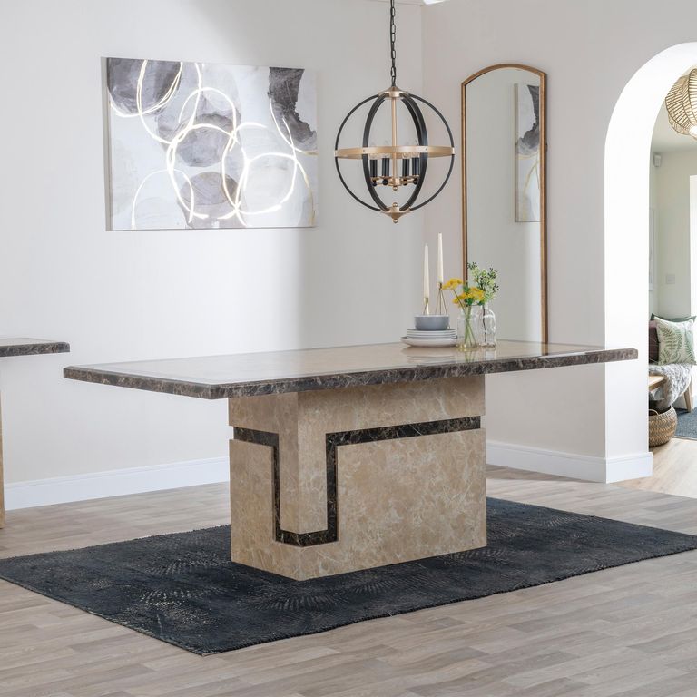 Venice Dining Set - 6 Seater - 160cm - Cream Marble - Knocker Back Dining Chairs - Grey Velvet Fabric - Black Wooden Legs