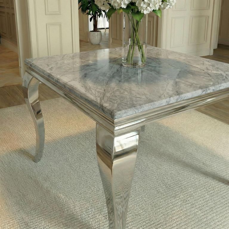 Louis Square Dining Table - 4 Seater - 100cm - Grey Marble & Chrome
