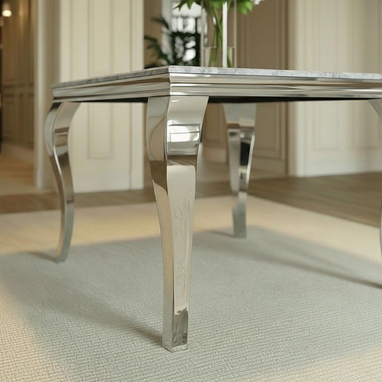 Louis Square Dining Table - 4 Seater - 100cm - Grey Marble & Chrome