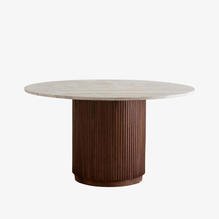 Erie Dining Table - 6 Seater - 140cm - Round - Ivory Marble with Brown Base