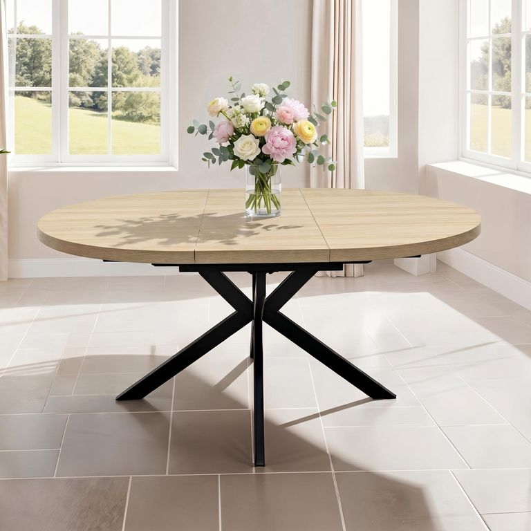 Dalton Extending Dining Table - 4-6 Seater - 120cm-160cm - Round - Light Oak - Spider Legs