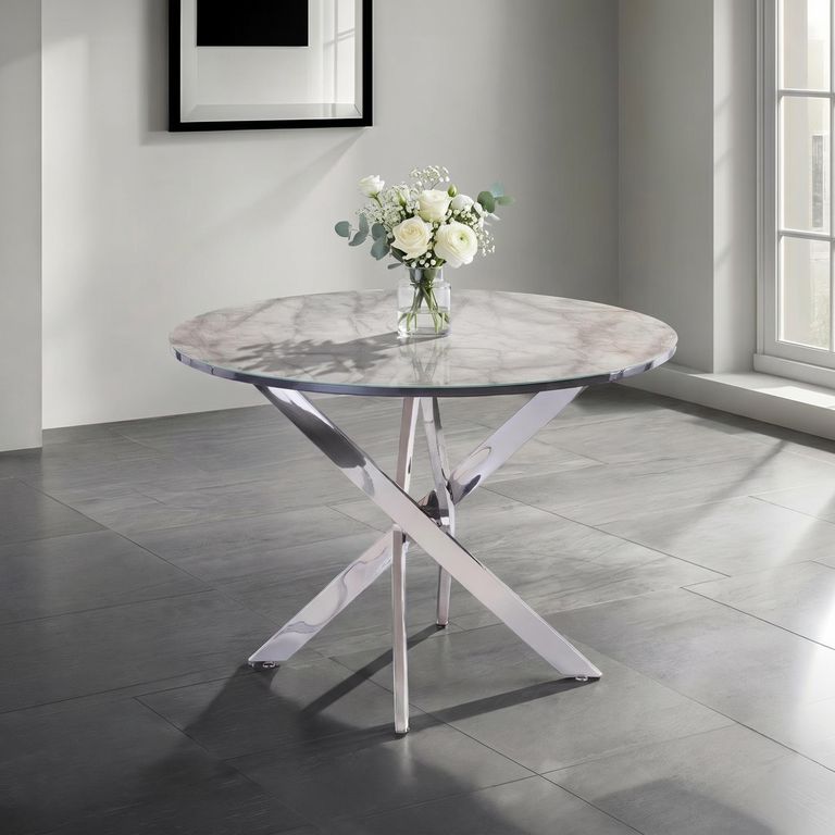 Alden Dining Table - 4 Seater - 107cm - Round - Chrome Legs - White and Grey Marble Effect