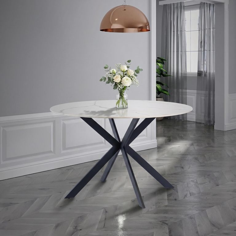 Talia Dining Table - 4 Seater - 120cm - Round - Spider Legs - Italy White Sintered Stone