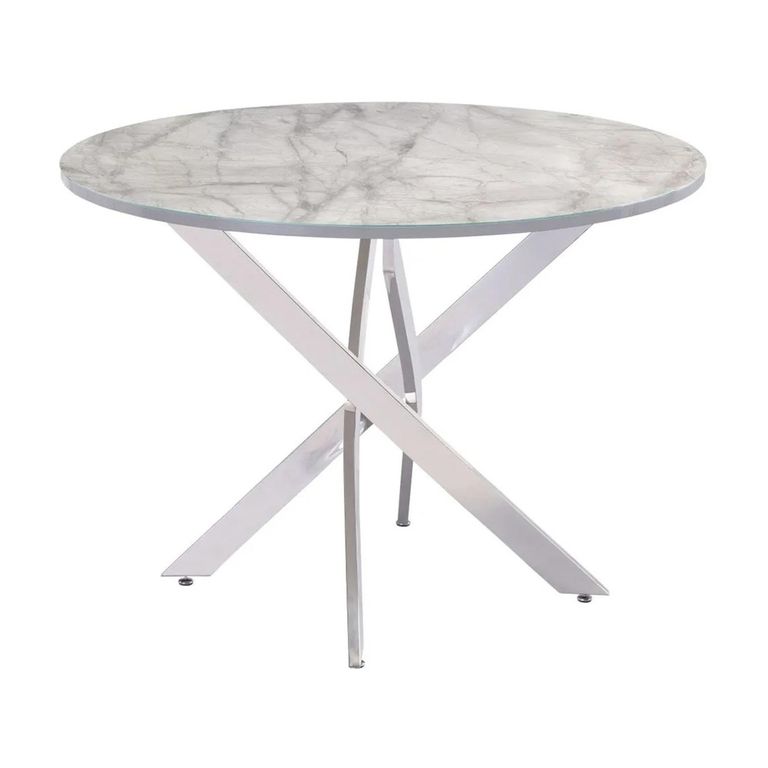 Alden Dining Table - 4 Seater - 107cm - Round - Chrome Legs - White and Grey Marble Effect