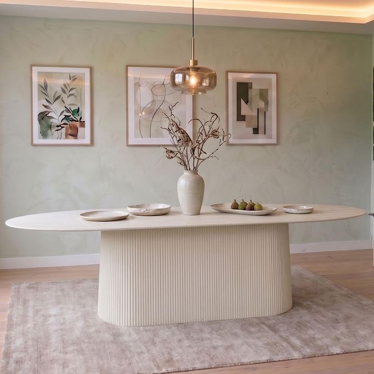 Patrice Fluted Dining Table - 12 Seater - 300cm - Oval - Pedestal - Off White - Mango Wood