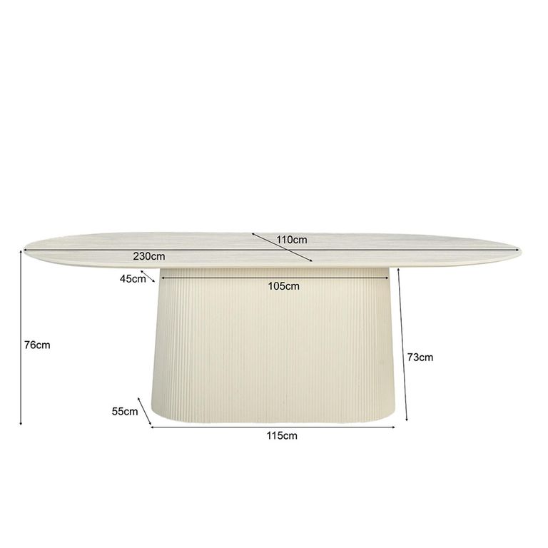 Patrice Fluted Dining Table - 10 Seater - 230cm - Oval - Pedestal - Off White - Mango Wood