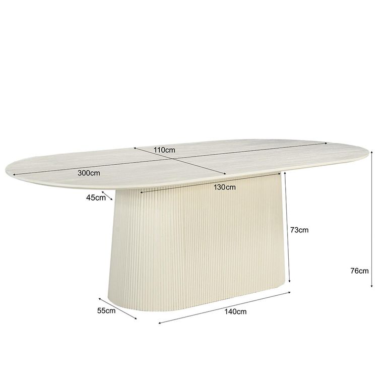Patrice Fluted Dining Table - 12 Seater - 300cm - Oval - Pedestal - Off White - Mango Wood