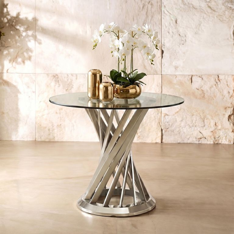 Anzio Dining Table - 2 Seater - 90cm - Round - Clear Glass with Silver Hourglass Base