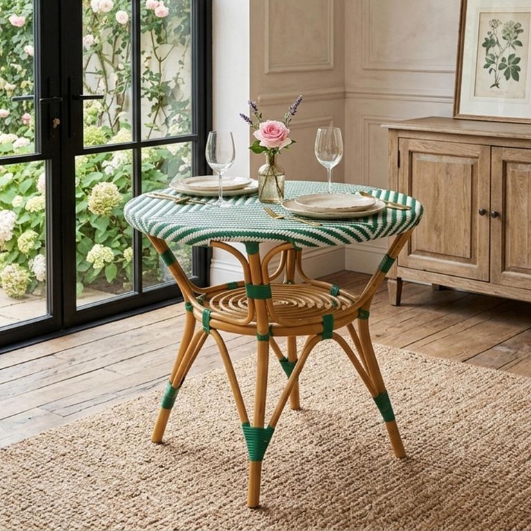 Dining Table - 90cm - 2 Seater - Round - Dark Green and White - Rattan and Bamboo Wood