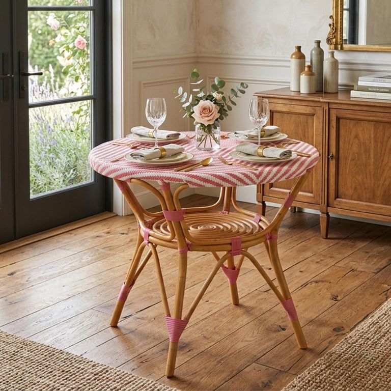 Dining Table - 90cm - 2 Seater - Round - Pink and White - Rattan and Bamboo Wood