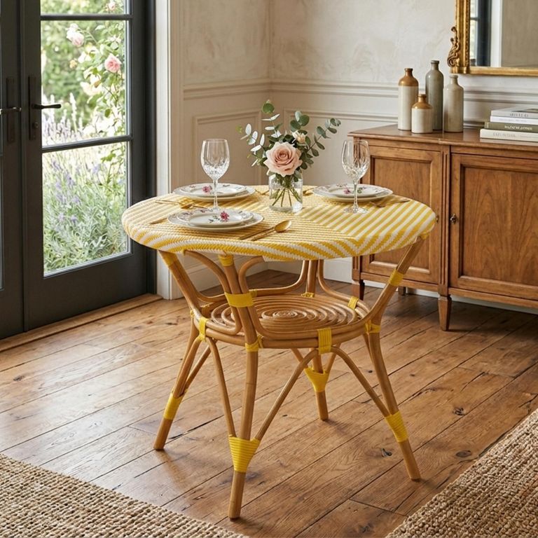 Dining Table - 90cm - 2 Seater - Round - Yellow and White - Rattan and Bamboo Wood