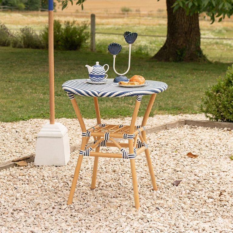 Geo Outdoor Dining Table - 70cm - 2 Seater - Round - Blue and White - Rattan and Bamboo Wood