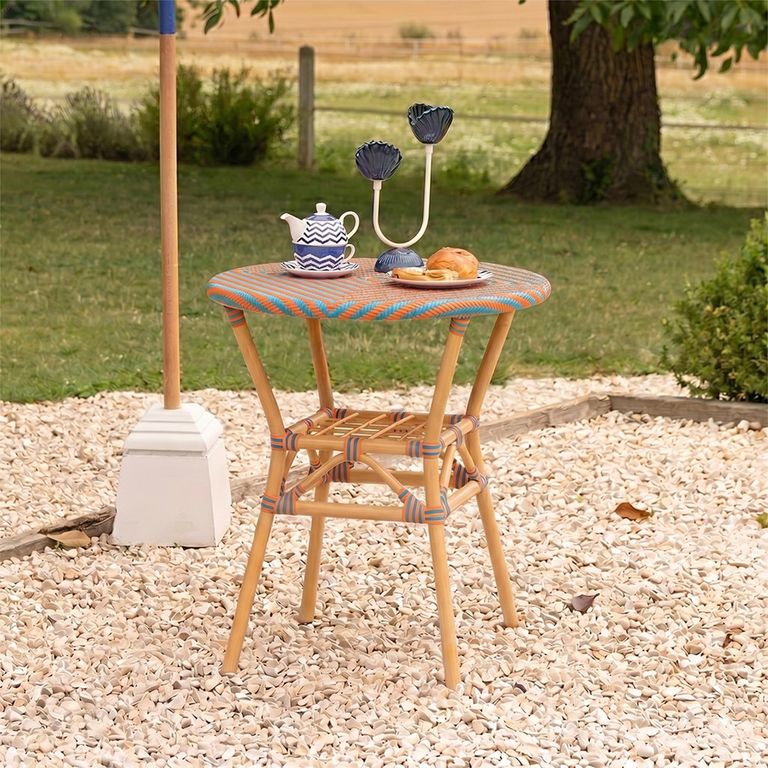 Geo Outdoor Dining Table - 70cm - 2 Seater - Round - Orange and Turquoise - Rattan and Bamboo Wood