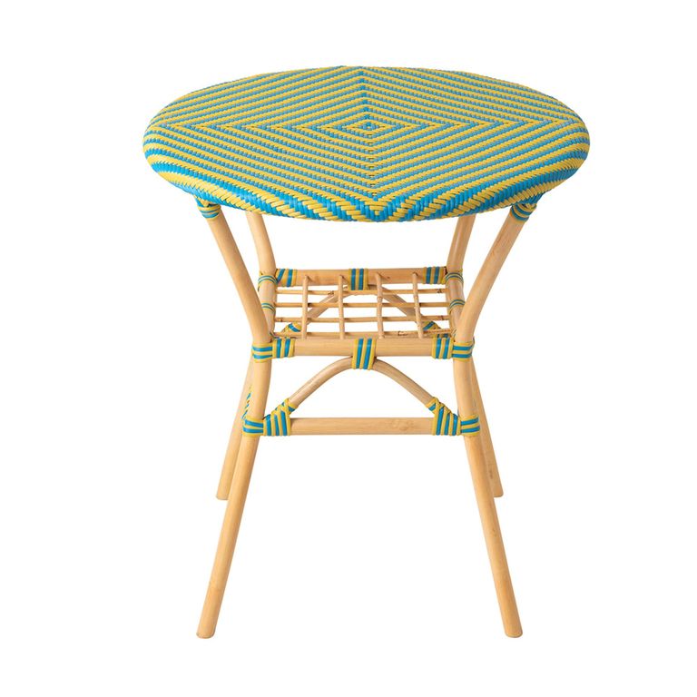 Geo Outdoor Dining Table - 70cm - 2 Seater - Round - Yellow and Azure Blue - Rattan and Bamboo Wood