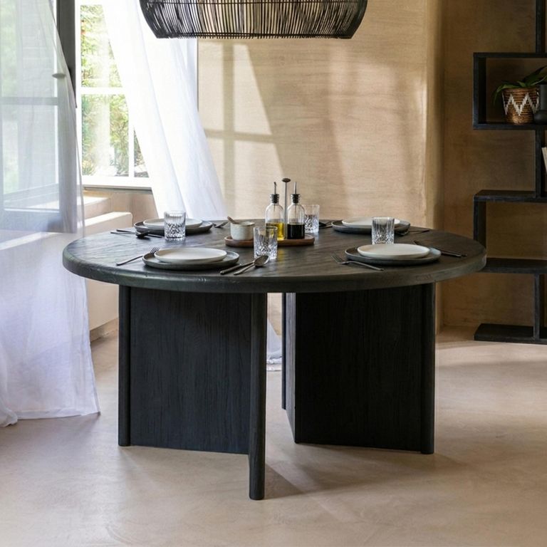 Dining Table - 150cm - 6-8 Seater - Round - Black - Teak Wood