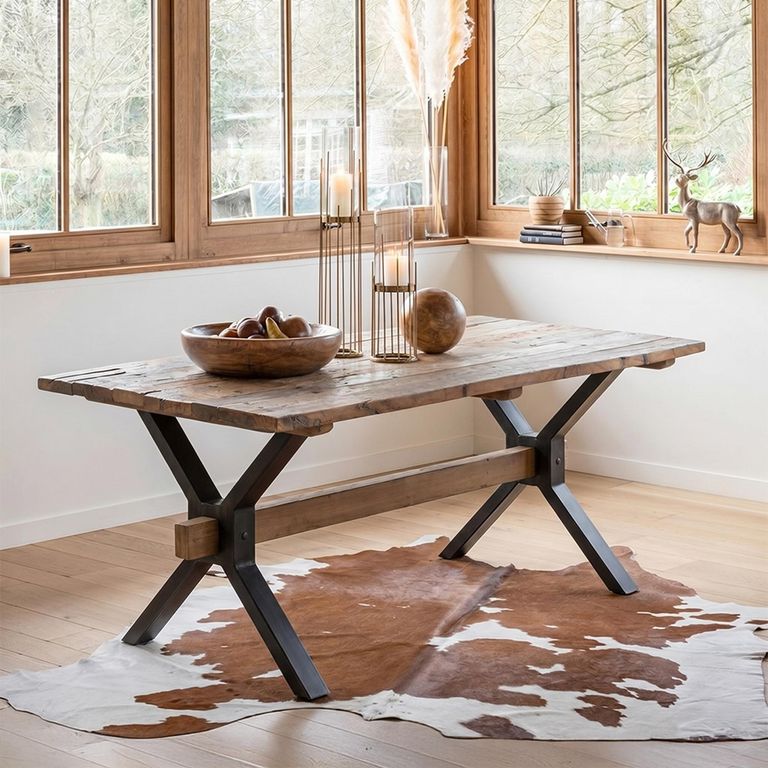 Dining Table - 180cm - 6 Seater - Cross Legs - Brown Vintage Wood