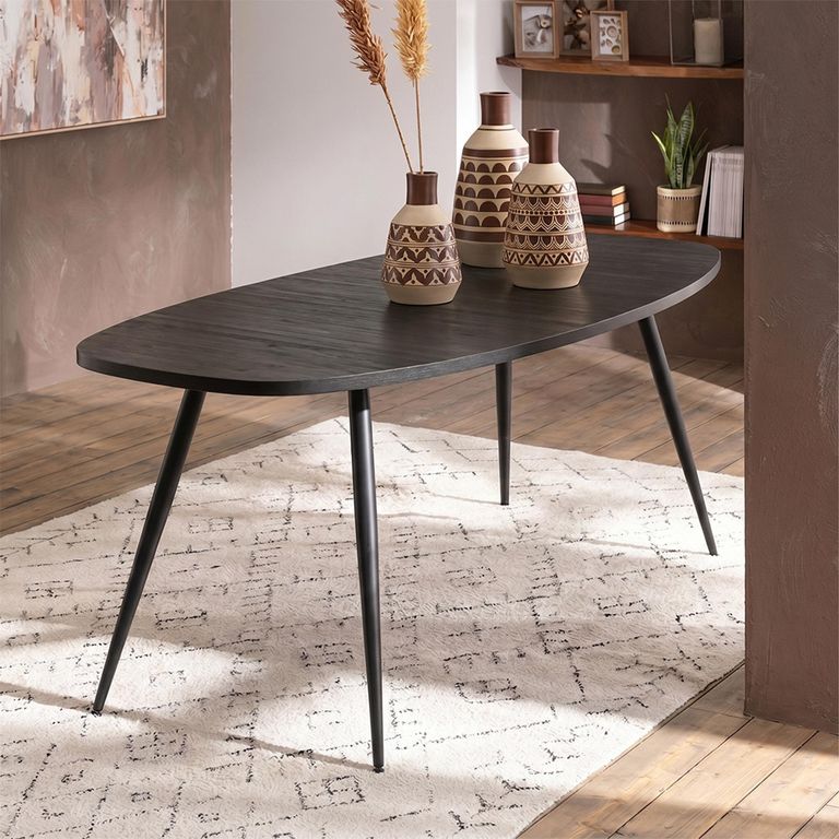 Dining Table - 200cm - 8 Seater - Narrow - Oval - Black - Recycle Teak Wood