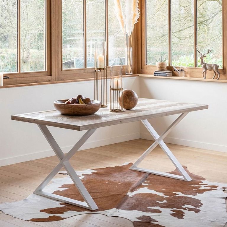 Zigzag Dining Table - 200cm - 8 Seater - Cross Leg - Natural and White - Wood and Metal