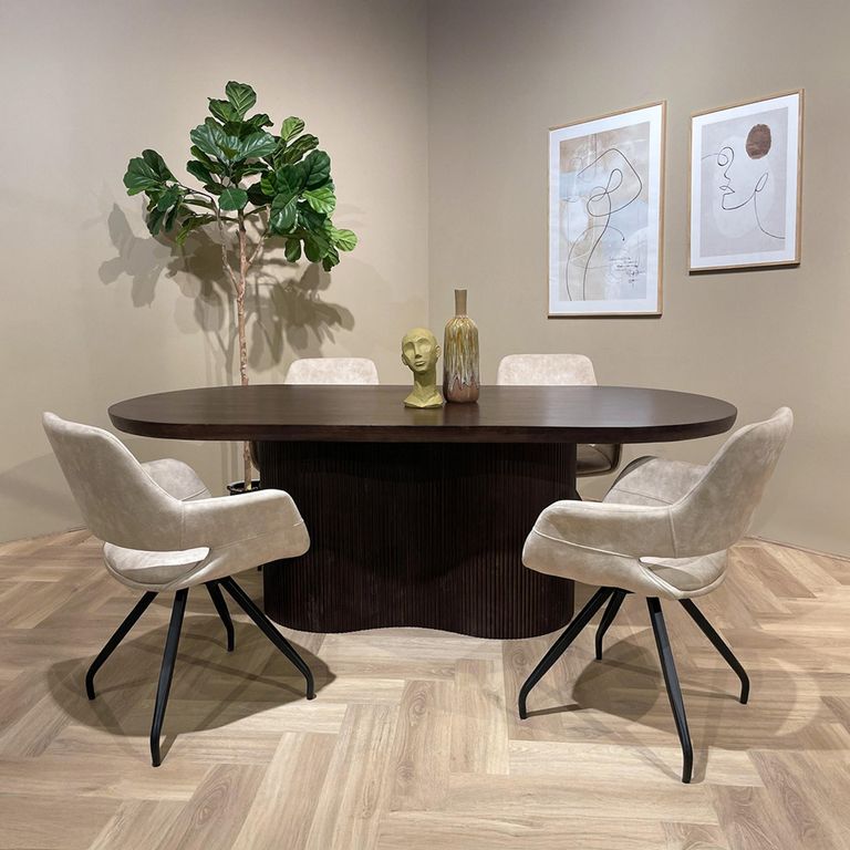 Sevilla Curved Fluted Dining Table - 220cm - 8 Seater - Oval - Pedestal - Chestnut - Mango Wood