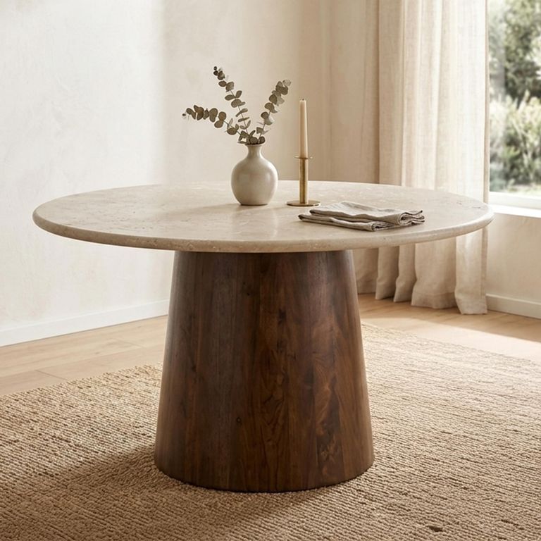 Brix Bottecino Dining Table - 130cm - 4 Seater - Pedestal - Chestnut - Ceramic and Mango Wood
