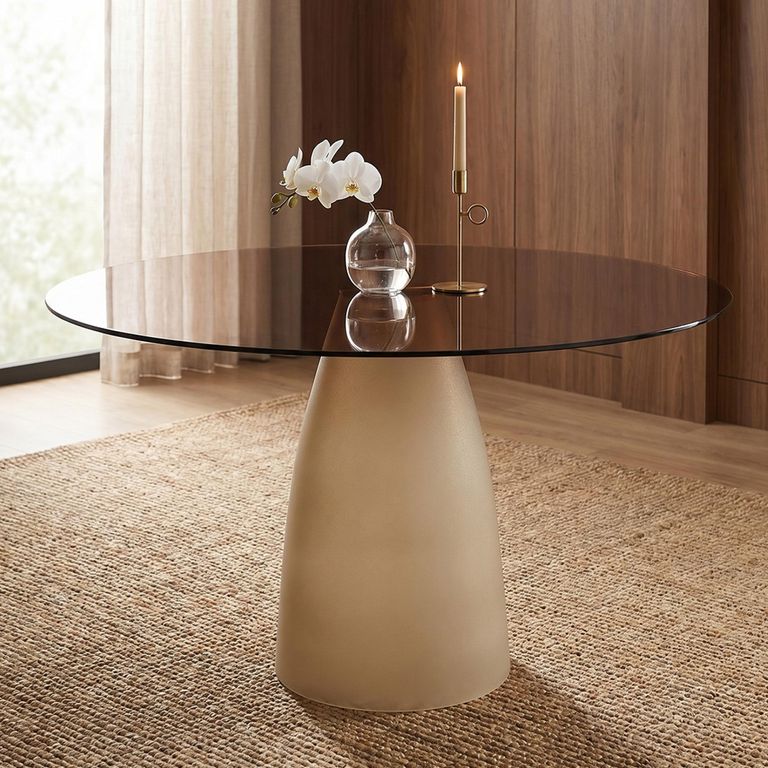 Brix Mylon Dining Table - 140cm - 6 Seater - Cone Base - Off White - Glass and Metal