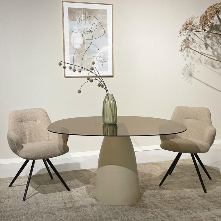Brix Mylon Dining Table - 140cm - 6 Seater - Cone Base - Off White - Glass and Metal