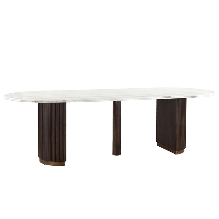 Mayfield White Marble Top 10 Seater Oval Dining Table - Dark Wood Fluted Pedestal Base