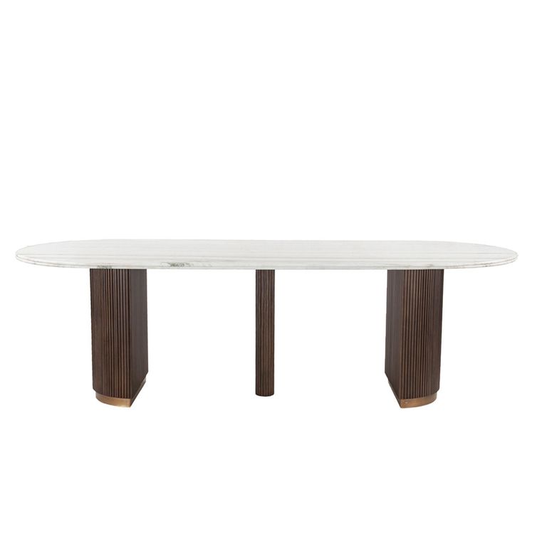 Mayfield White Marble Top 10 Seater Oval Dining Table - Dark Wood Fluted Pedestal Base