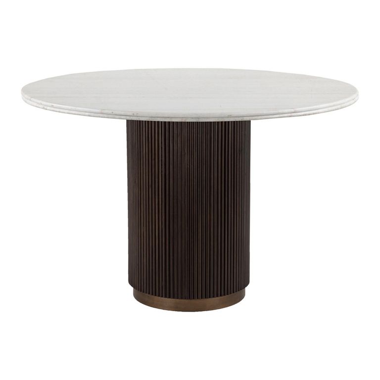 Mayfield White Marble Top 4 Seater Round Dining Table - Dark Wood Fluted Pedestal Base