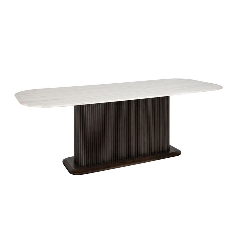 Mayfield White Marble Top 8 Seater Dining Table - Dark Wood Fluted Pedestal Base