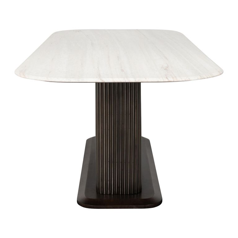 Mayfield White Marble Top 8 Seater Dining Table - Dark Wood Fluted Pedestal Base