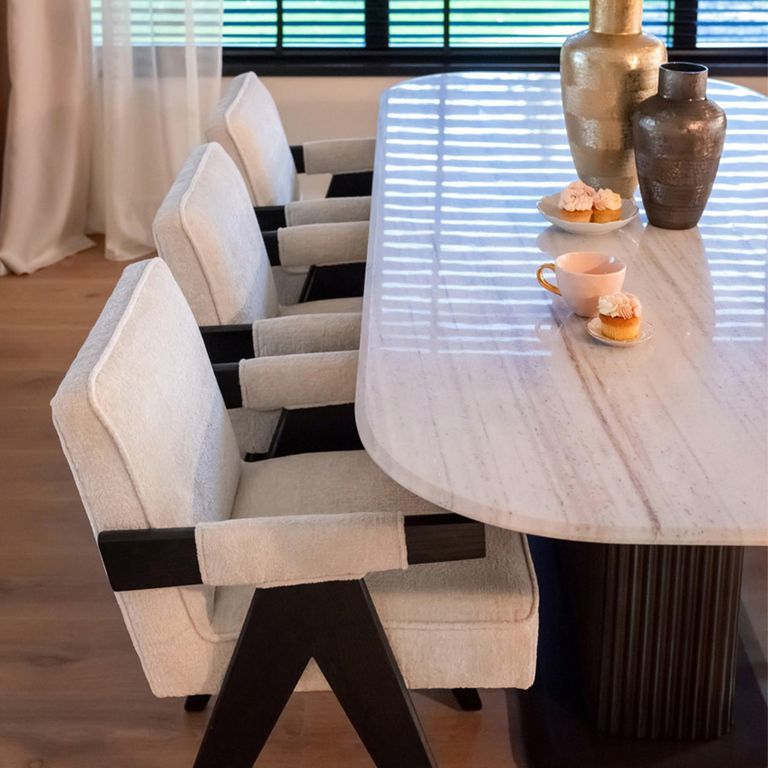Mayfield White Marble Top 8 Seater Dining Table - Dark Wood Fluted Pedestal Base