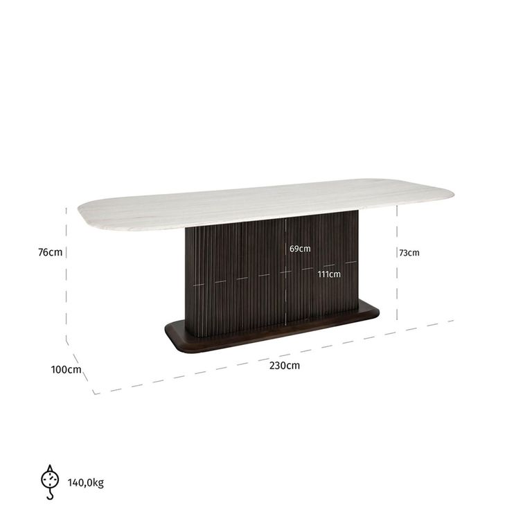 Mayfield White Marble Top 8 Seater Dining Table - Dark Wood Fluted Pedestal Base