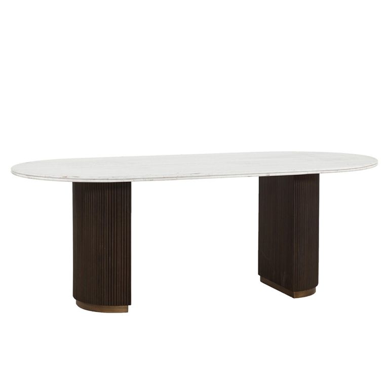 Mayfield White Marble Top 8 Seater Oval Dining Table - Dark Wood Fluted Pedestal Base