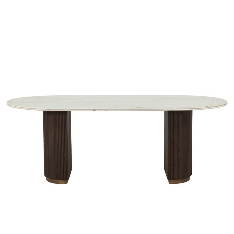 Mayfield White Marble Top 8 Seater Oval Dining Table - Dark Wood Fluted Pedestal Base