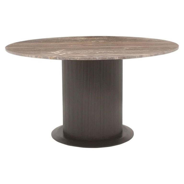 Russo Dining Table - 140cm - 6 Seater - Round - Fluted Base - Ash Brown - Travertine Top