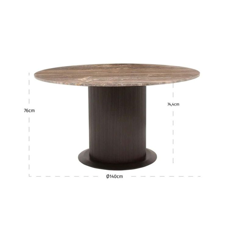 Russo Dining Table - 140cm - 6 Seater - Round - Fluted Base - Ash Brown - Travertine Top