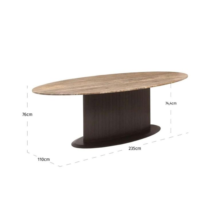 Russo Dining Table - 235cm - 10 Seater - Ellipse - Fluted Base - Ash Brown - Travertine Top